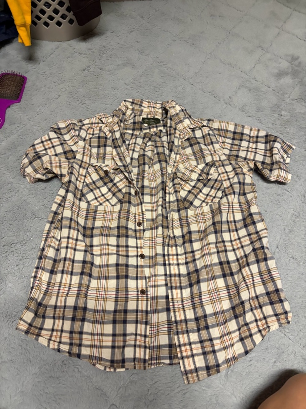 Eddie Bauer Beige, Navy and Brown Plaid Short-Sleeve Button-Down